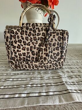 Sole Society Leopard Print Satchel in Brown, Black and Cream with Gold Handles